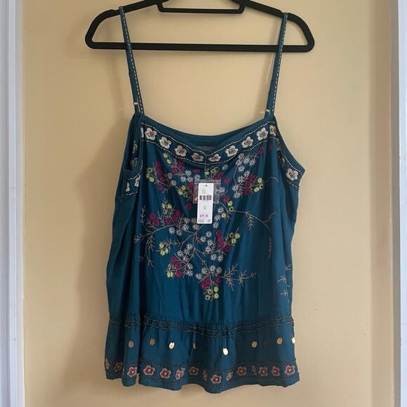 NWT Anthropologie Luzia Cropped Cami Embroidered Teal Floral Sz XL - Picture 2 of 13